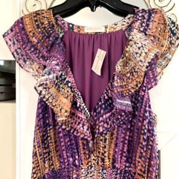 Ramy Brook Multicolor Patterned Maxi with v-neck ruffled sleeveless bodice Sz M, - Picture 3 of 13